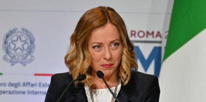 Italy's Prime Minister Giorgia Meloni speaks during the 10th edition of the Rome MED (Mediterranean Dialogues) conference in Rome, on November 27, 2024. (Photo by Andreas SOLARO / AFP)