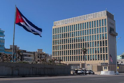 Frontal view of the US Embassy in Havana, on January 14, 2025. President Joe Biden is removing the US designation of Cuba as a state sponsor of terrorism, the White House said, in a deal that will see imprisoned protesters released in the communist country. Cuba has been dealing with over six decades of US sanctions, which the Cuban government blames for the island nation's worst economic crisis, with shortages of fuel, food, medicines and electricity. (Photo by MAYLIN ALONSO / AFP)