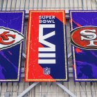 Banners on display during team arrivals ahead of the NFL Super Bowl 58 football game between the San Francisco 49ers and the Kansas City Chiefs in Las Vegas, Nevada on February 4, 2024.